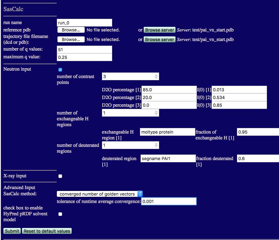 Input values for theoretical curve calculation using SasCalc