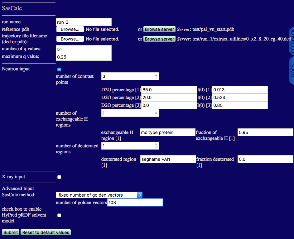 Input values for second theoretical curve calculation using SasCalc