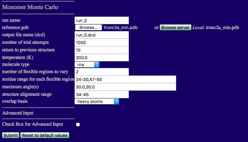 Input for the Monomer Monte Carlo simulation