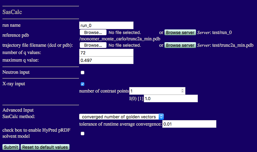 Input values for theoretical curve calculation using SasCalc