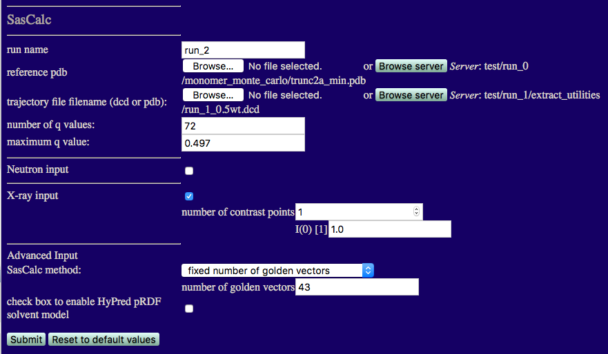 Input values for final theoretical curve calculation using SasCalc
