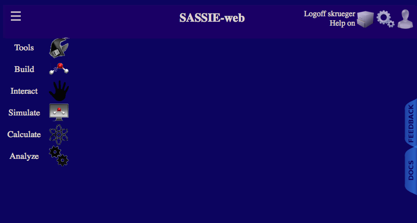 SASSIE-web initial menu when logged in