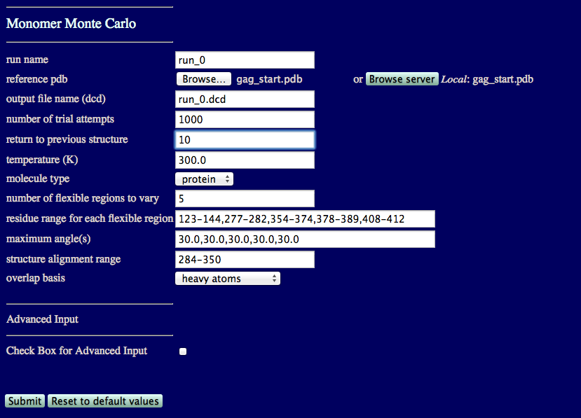 Input for the Monomer Monte Carlo simulation