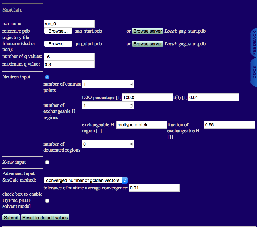 Input values for theoretical curve calculation using SasCalc