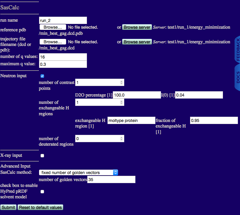 Input values for final theoretical curve calculation using SasCalc
