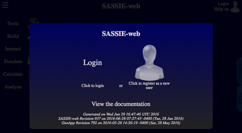SASSIE-web before login How SASSIE-web appears before you login